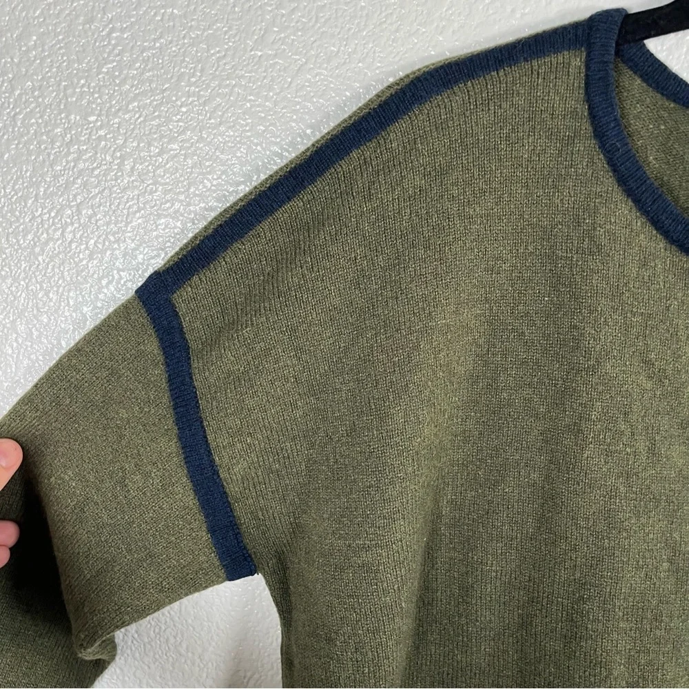 J. Crew 100% Wool Olive Crewneck Sweater‎ with Navy Contrast Trim Women’s Small